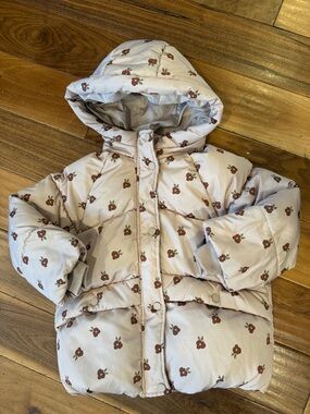 Zara Cream Puffer Jacket with Brown Floral Print - Kids size 5/6